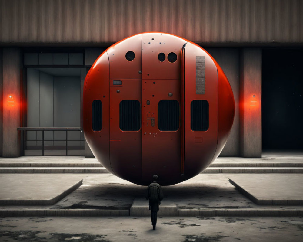 Person in front of large red spherical structure and minimalist industrial building.