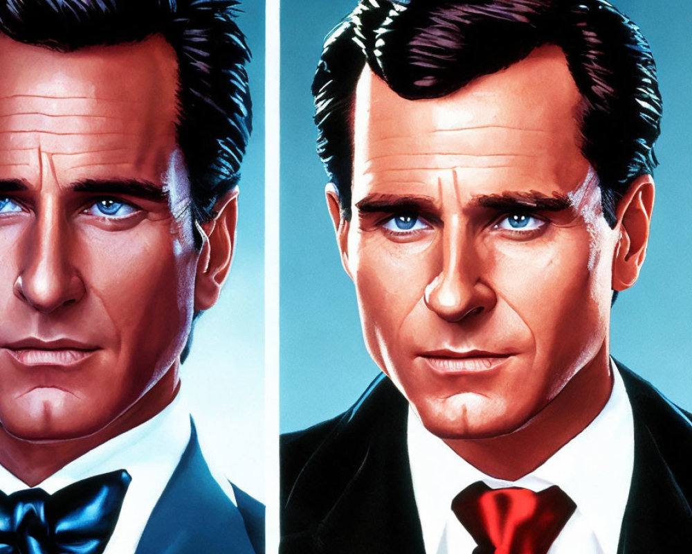 Illustrations of man in formal attire with blue and red bow ties, clean-cut look