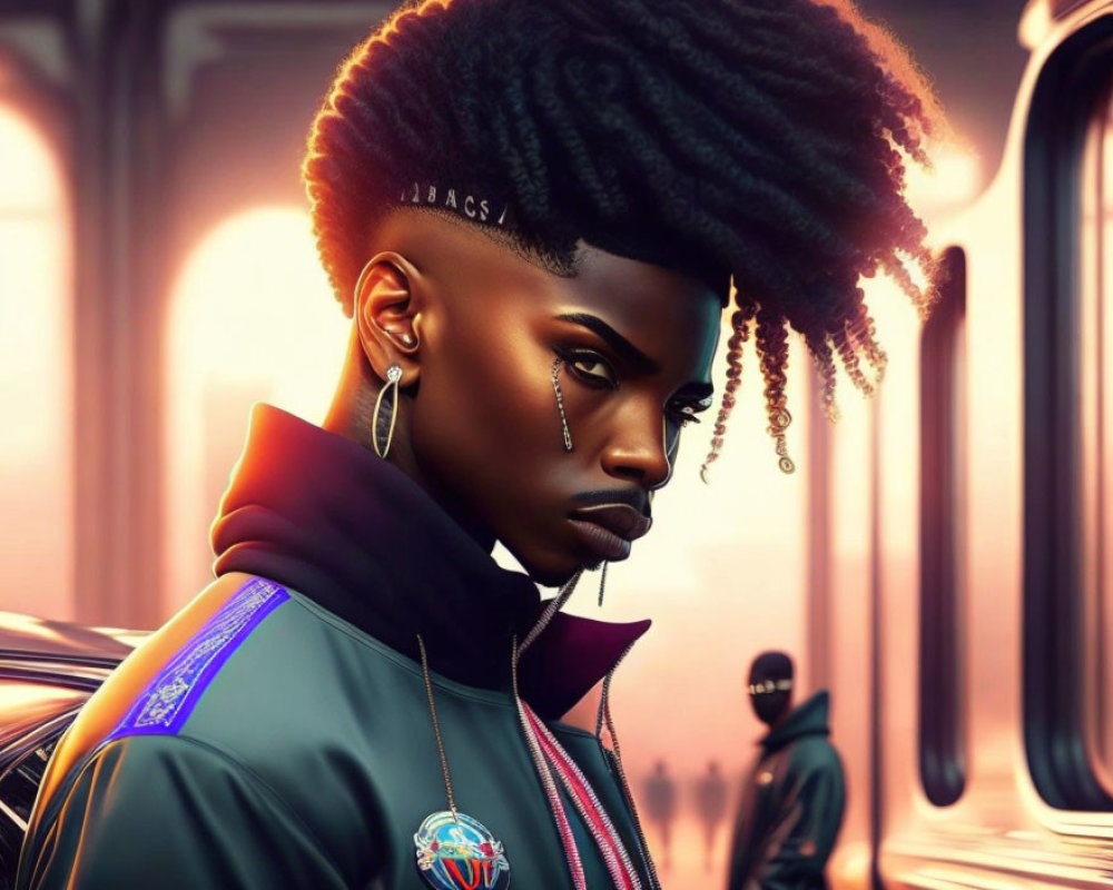 High-top fade hairstyle person in stylish jacket with logos, hoop earrings, necklace, and intense gaze at