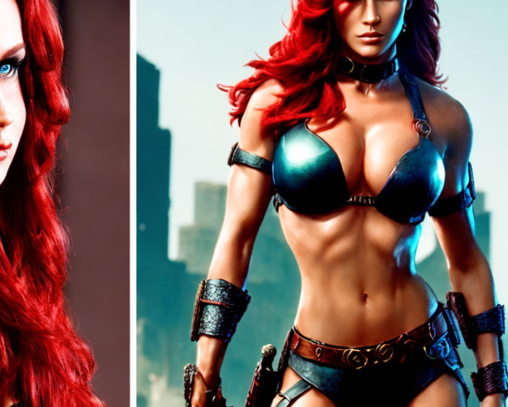 Vibrant Red-Haired Character in Black Fantasy Warrior Outfit with Weapon on Blue Background