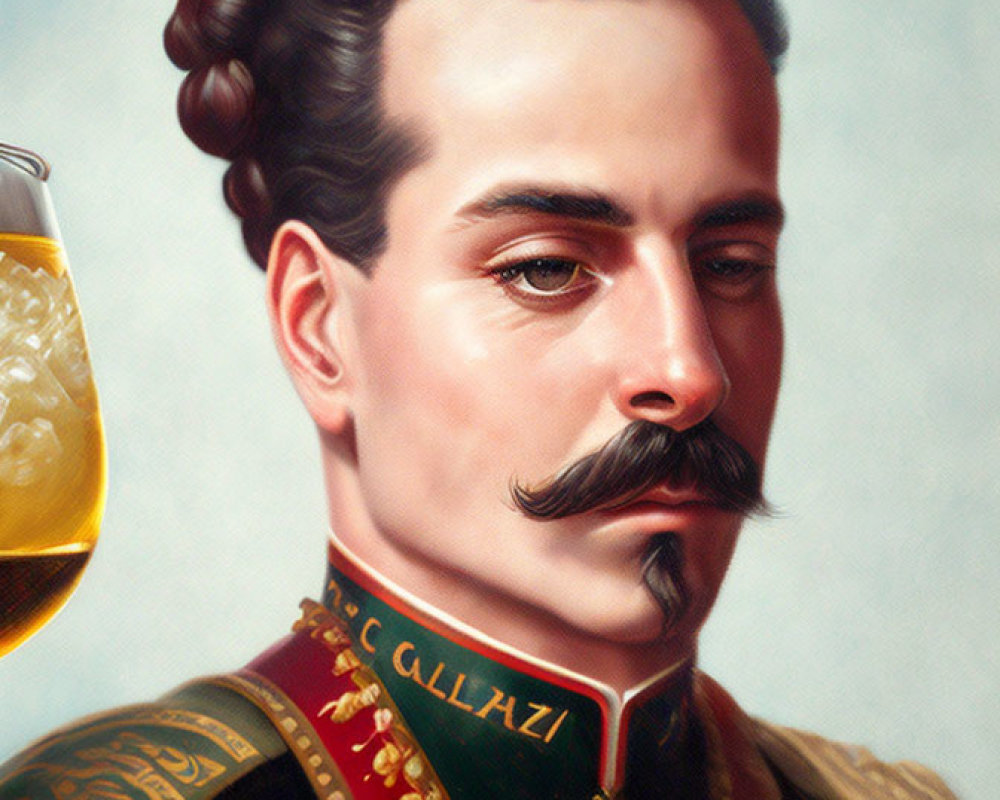Stylized digital artwork of man in historical military uniform with beer glass