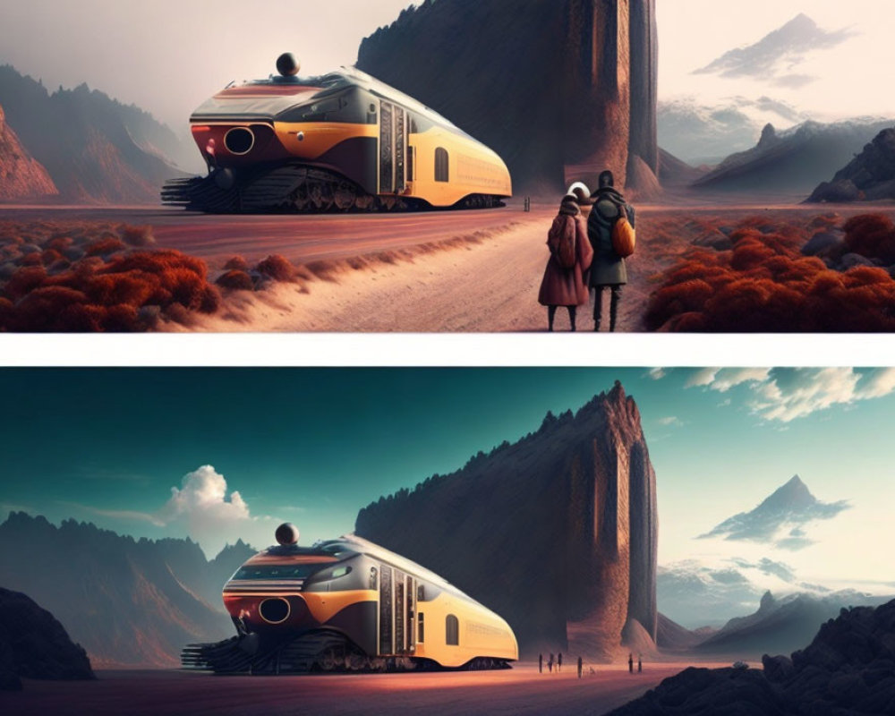 Retro-futuristic train in desert landscape with travelers