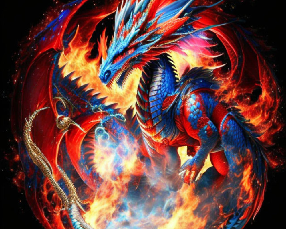 Colorful digital artwork: Blue and red dragon surrounded by flames on black background with golden ourobor