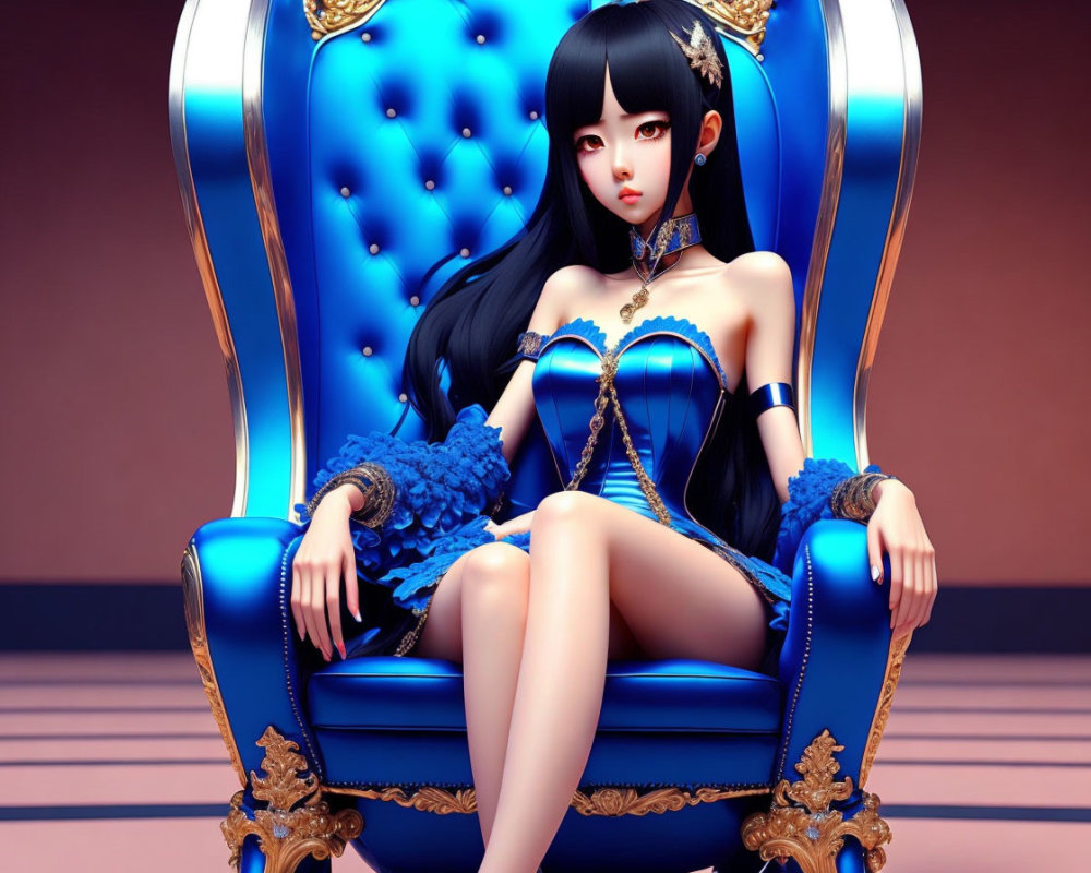 Stylized digital artwork: Female character with long dark hair in blue dress on ornate throne