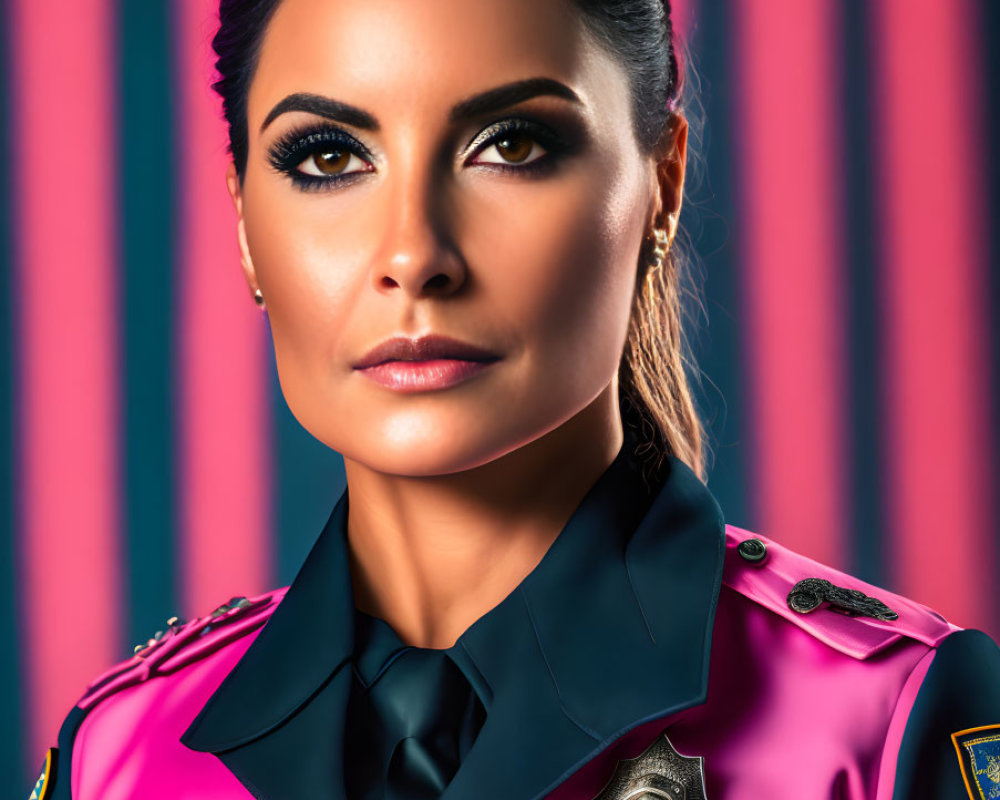 Stylized pink and green police uniform on stern woman pose against striped backdrop