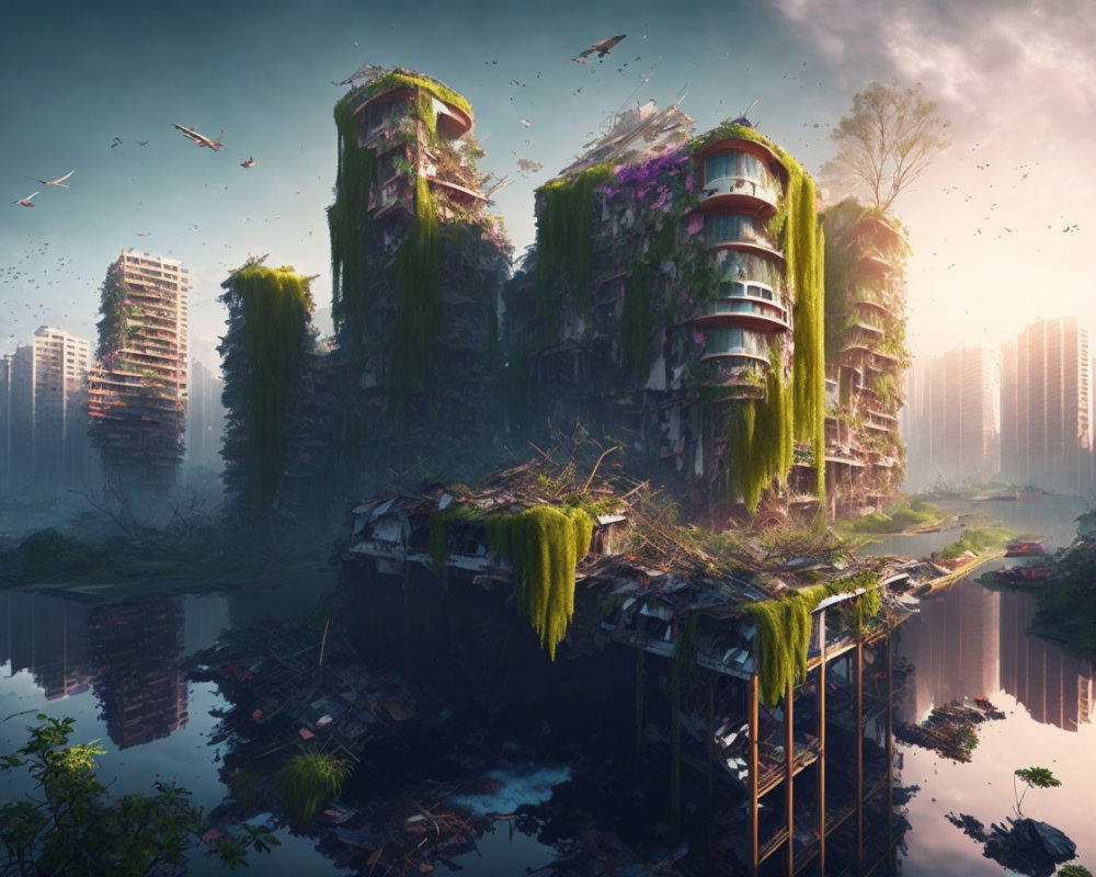 Abandoned skyscrapers reclaimed by nature in misty scene