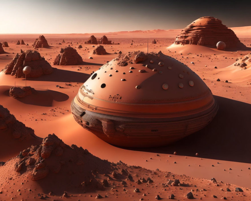 Futuristic half-buried dome in red desert landscape