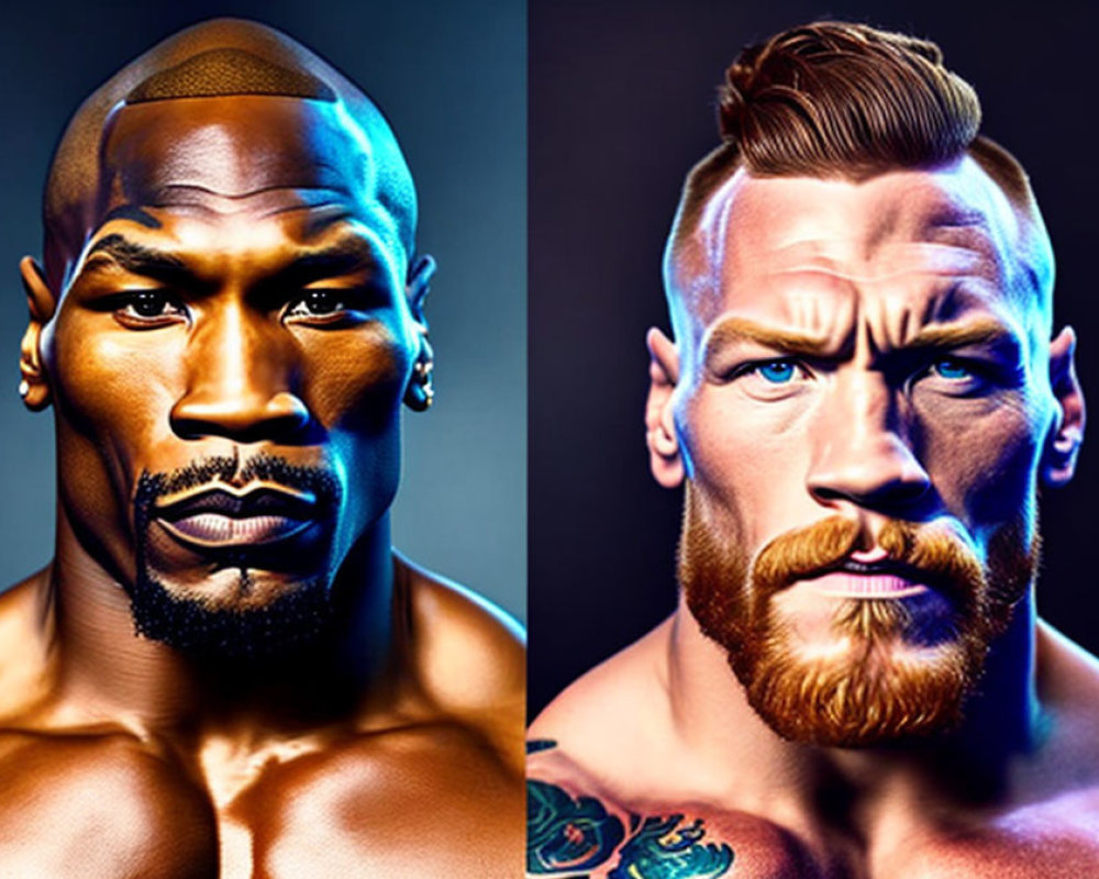 Intense expressions of two men with unique appearances in vibrant colors
