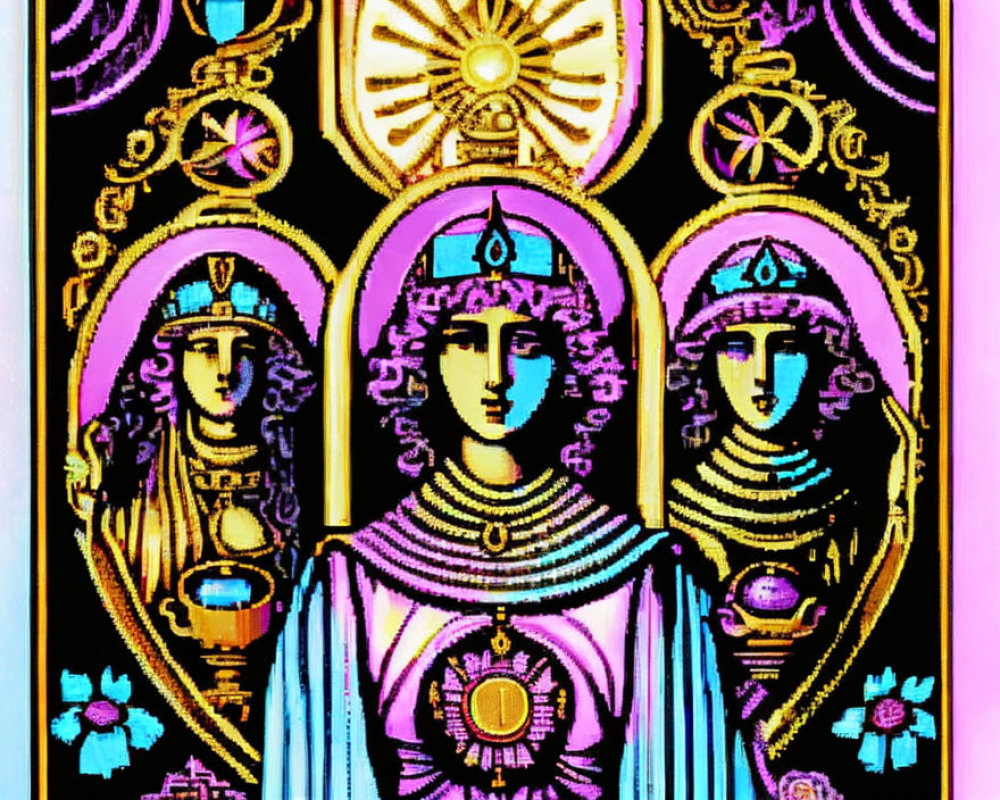 Three figures in purple and gold attire against stained-glass window backdrop