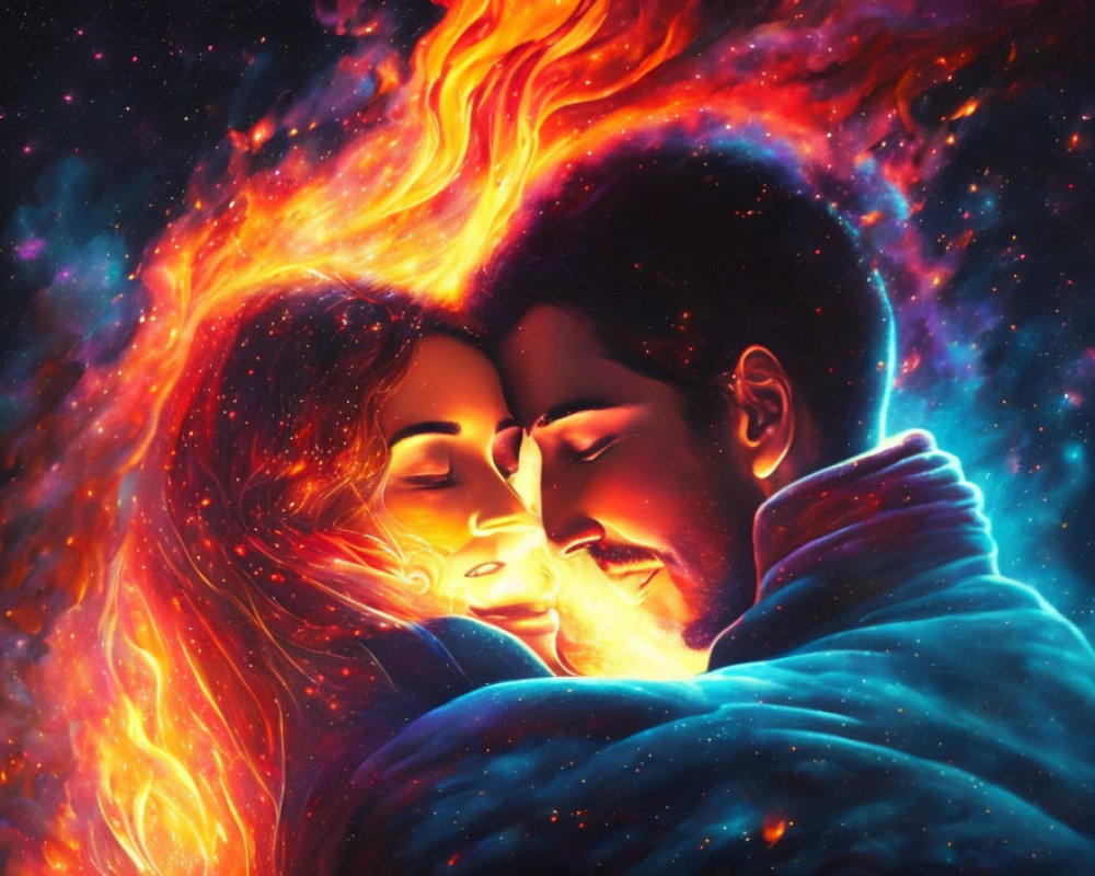 Colorful cosmic scene: Couple embracing in fiery and cool hues
