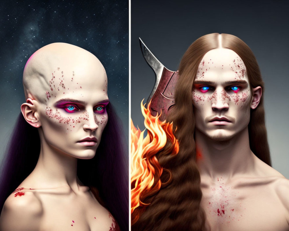 Stylized portraits: Bald figure with purple eyes, flaming hair with metallic horn, speckled