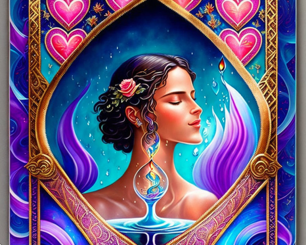 Woman with rose in hair holding blue flame in ornate mystical illustration