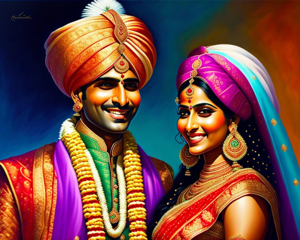 Indian bride and groom in traditional wedding attire with vibrant colors and intricate jewelry.