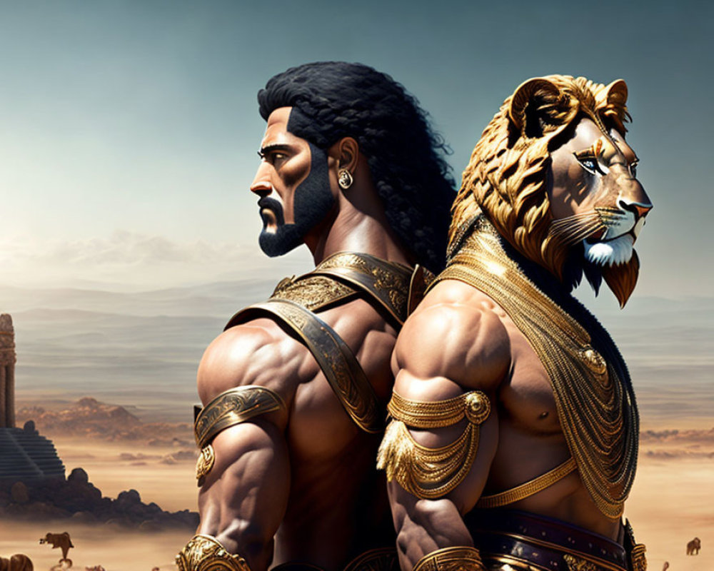 Digital illustration: Muscular lion-headed man and human in golden armor in ancient desert.