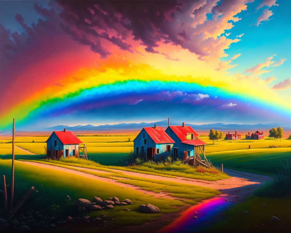 Colorful rainbow over rural landscape with red-roofed houses and dramatic sunset sky