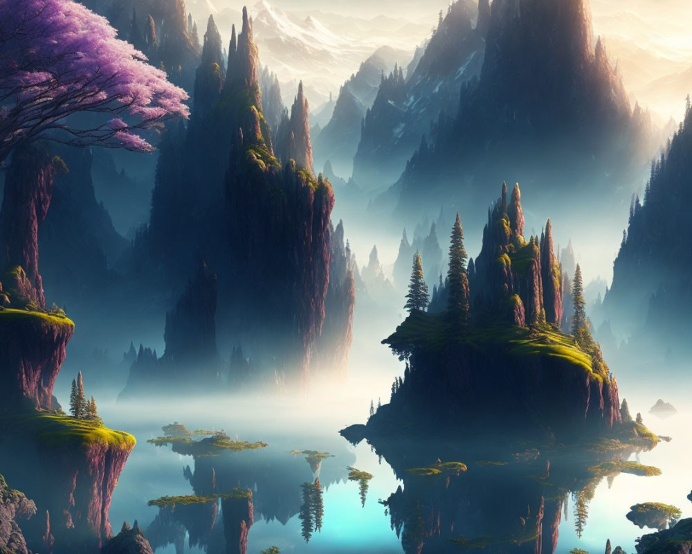 Tranquil fantasy landscape with rock formations, pink tree, and reflective water