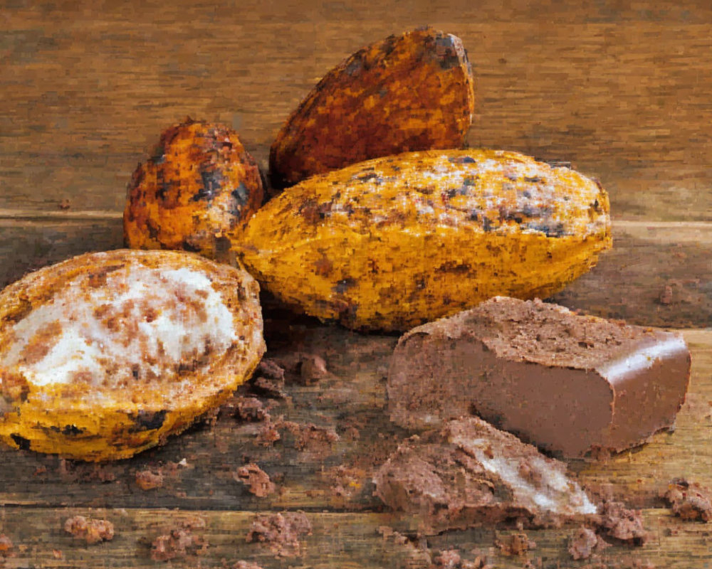 Cocoa Pods and Chocolate Pieces on Wooden Background