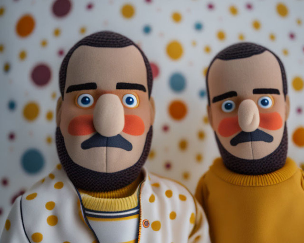 Toy figures with mustaches in patterned outfits on polka-dotted background