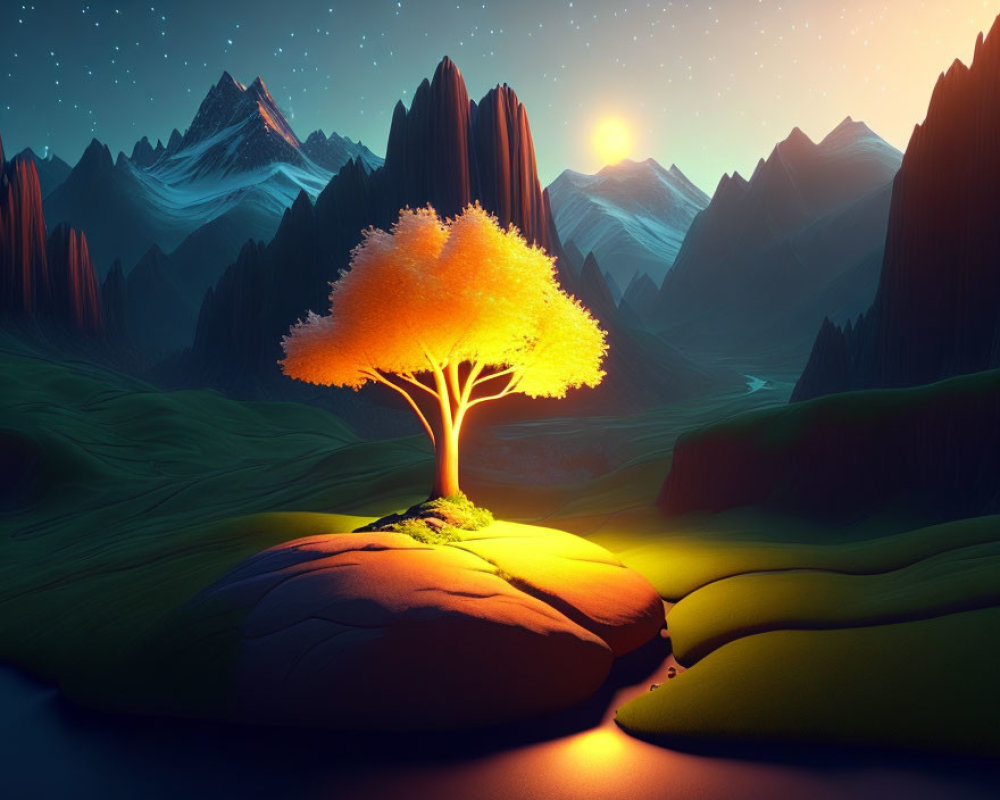 Digital artwork: Glowing tree on rocky outcrop by river, illuminated mountains at sunset