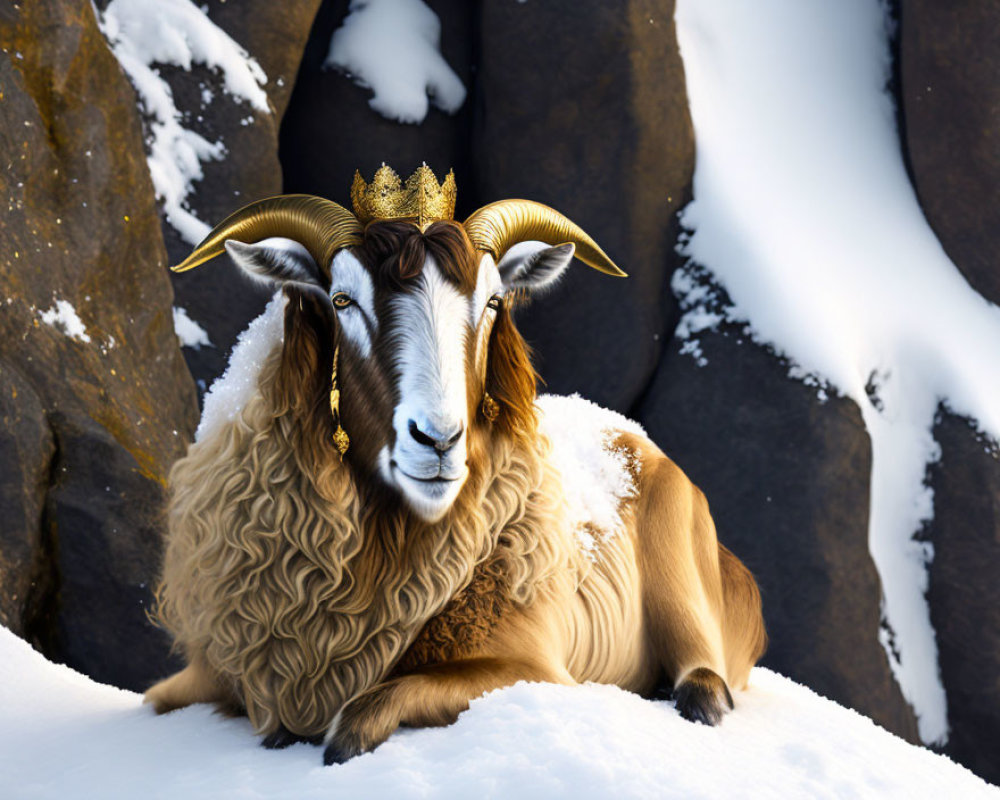 Regal goat with long horns in snowy landscape