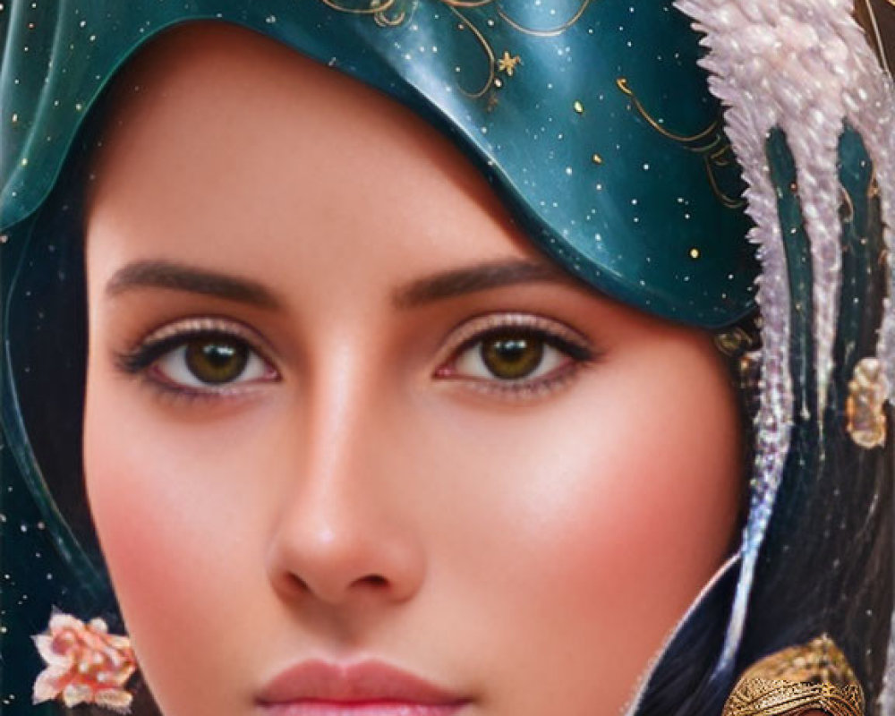 Digital artwork: Woman with cosmic headscarf, gold & pearls, holding miniature self