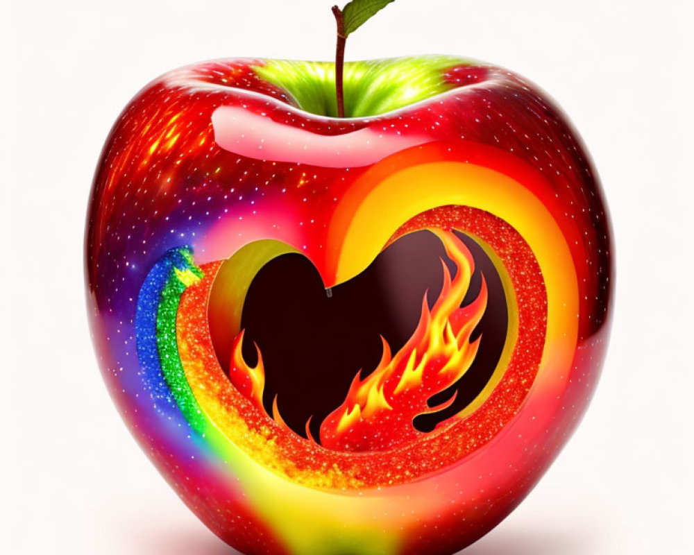 Galaxy-themed apple with heart-shaped cutout on white background