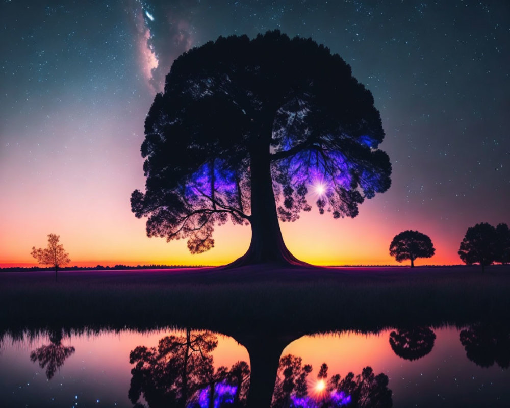 Majestic tree silhouette in serene night landscape