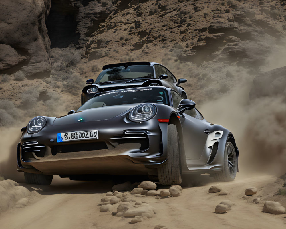 Black sports car driving through sandy terrain with rugged cliffs in background.
