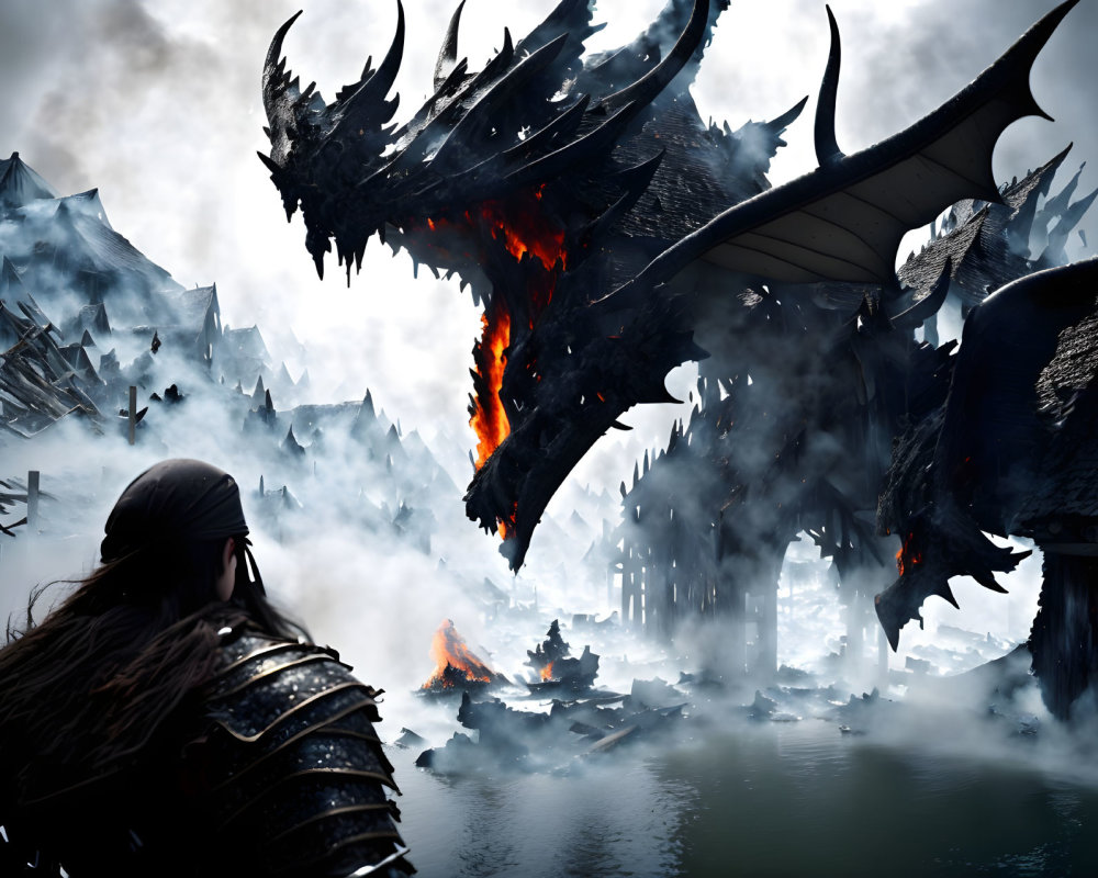 Armored warrior faces dragon breathing fire in icy landscape
