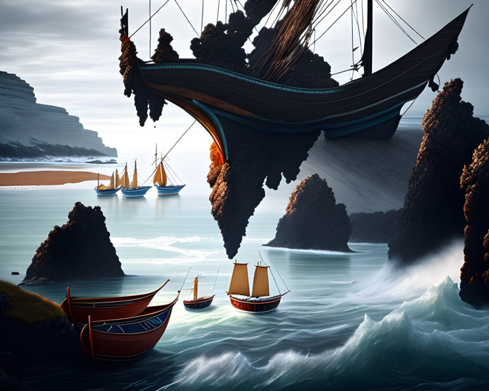 Fantastical ship scene with suspended vessel and layered cliffs