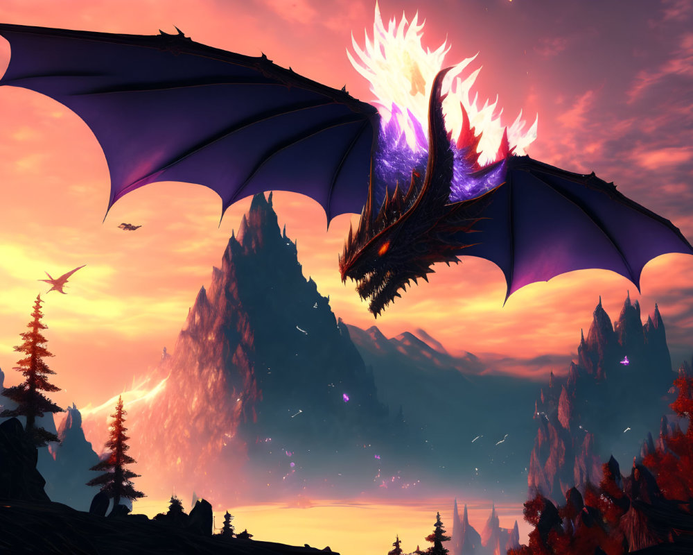 Purple-winged dragon breathing fire over fantasy landscape at sunset
