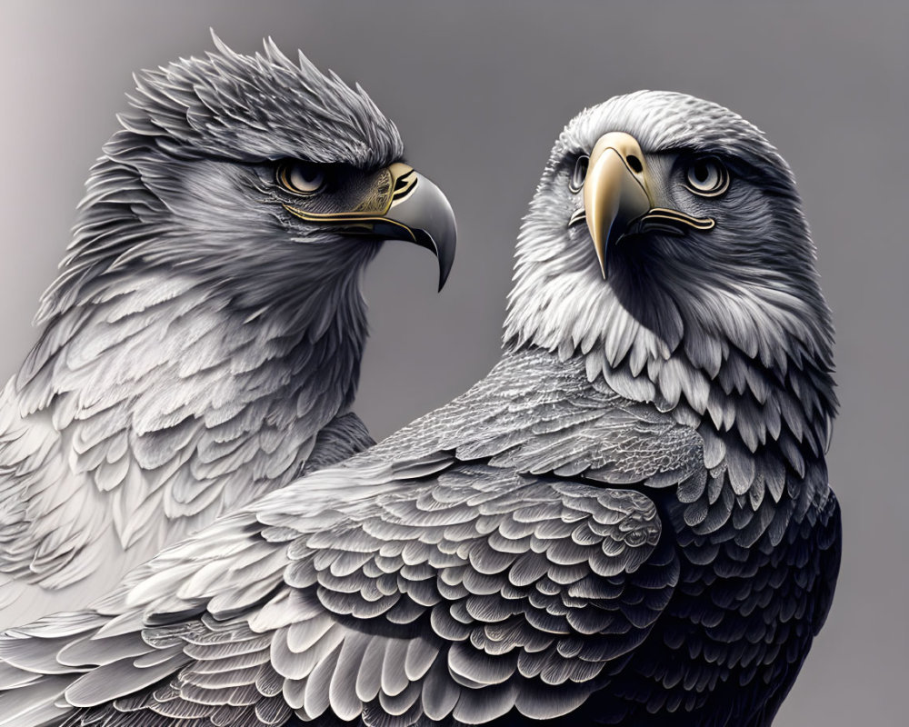 Two eagles in profile with open beak on shaded background.