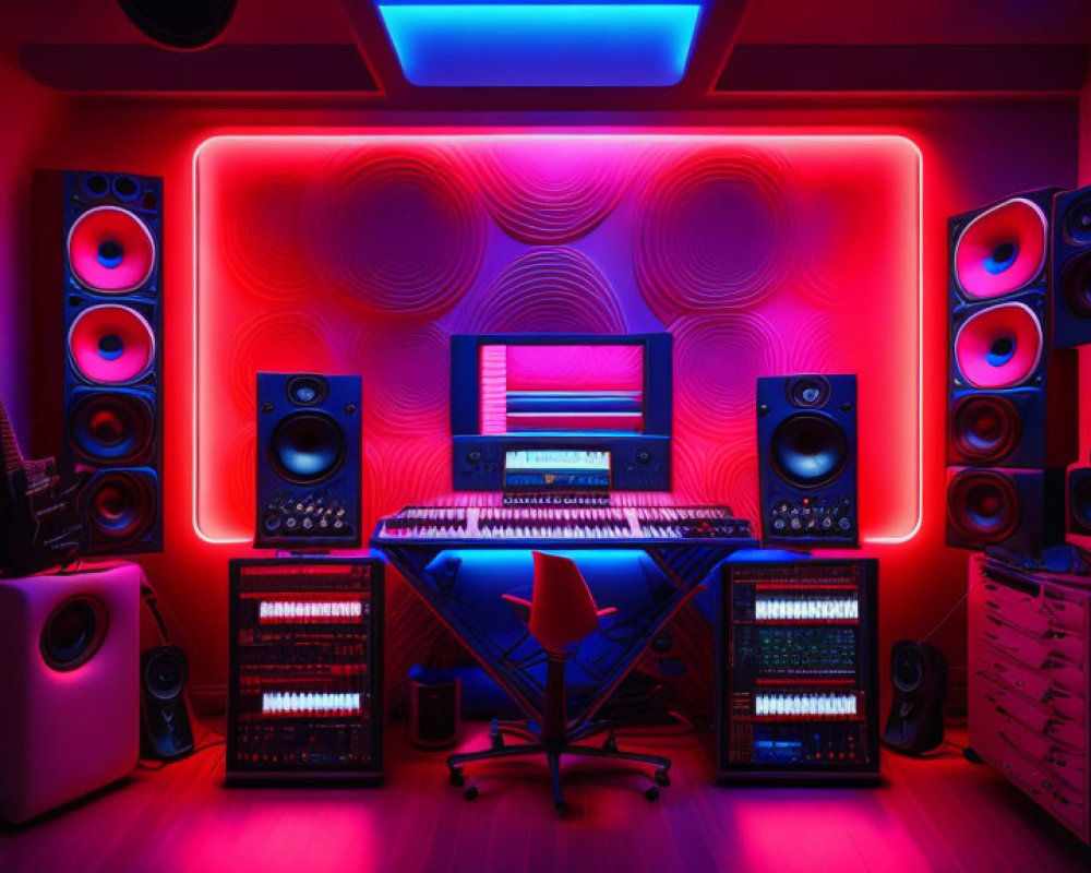 Colorful Home Music Studio with Neon Lights, Guitars, Keyboards, and Soundproofing