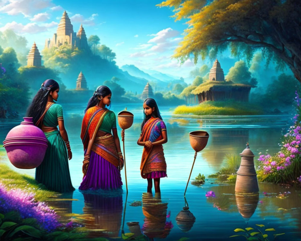 Three women in traditional Indian attire by a river with pots, temples in vibrant landscape