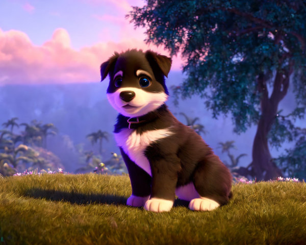 Black and white animated puppy with purple bow on grass under sunset clouds