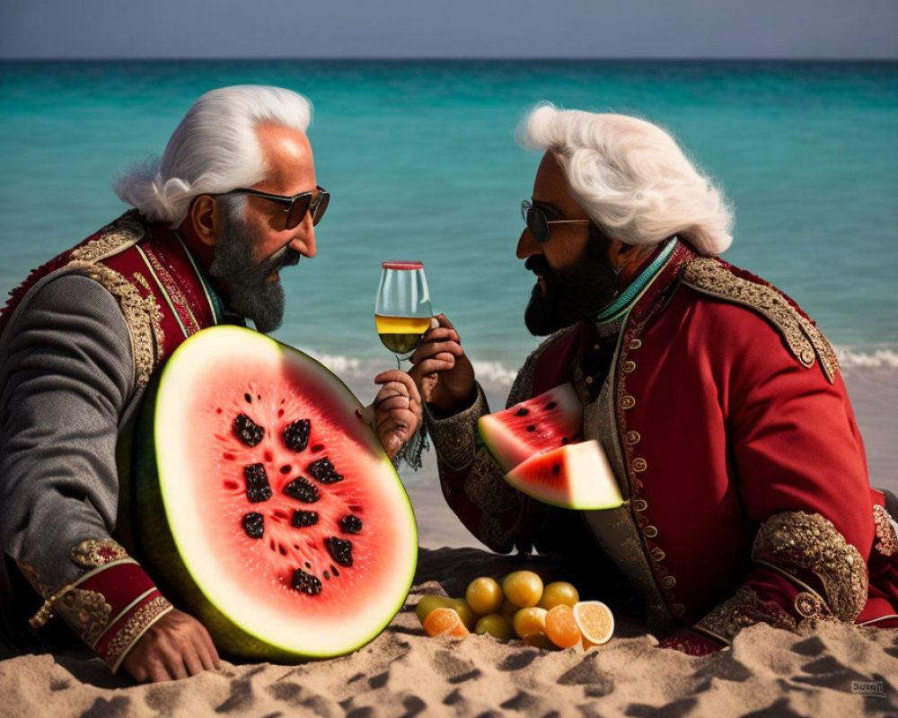 Animated men in royal attire clink glasses on beach with fruit slice.