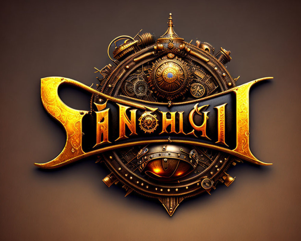 Steampunk emblem with gears, metallic elements, and ornate typography on dark background