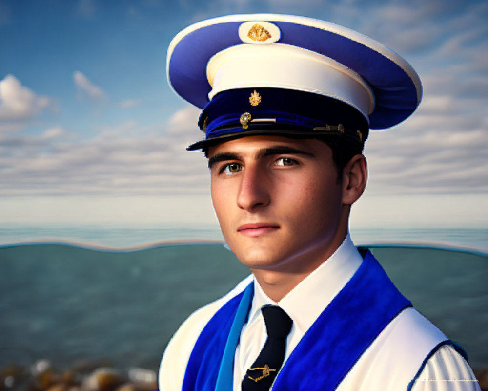 Young man in white naval uniform with gold accents, cap, sea and sky backdrop