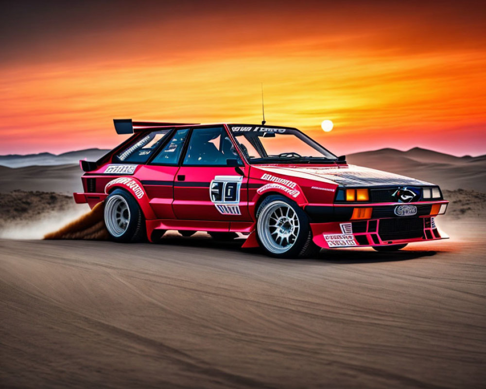 Vintage Red and White Race Car Speeding in Desert Sunset