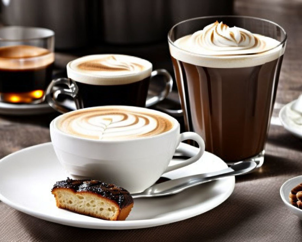 Artistic foam designs on three coffee cups with bread slice and spread on saucer, on woven table