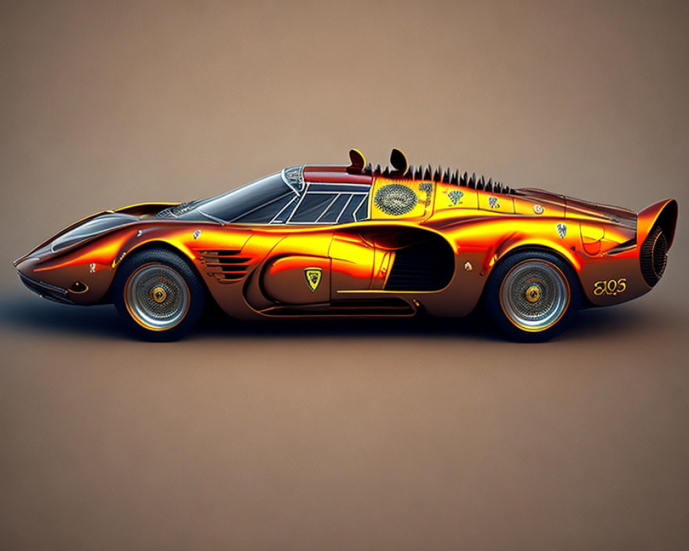 Sleek futuristic orange race car with flame decals and solar panel accents