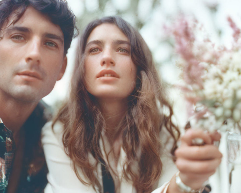 Couple holding bouquet of flowers in soft focus