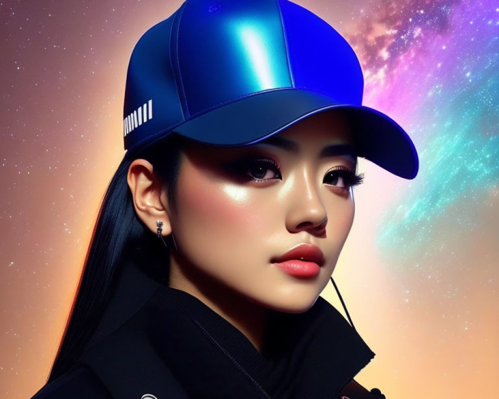 Vibrant makeup portrait with blue cap in cosmic setting