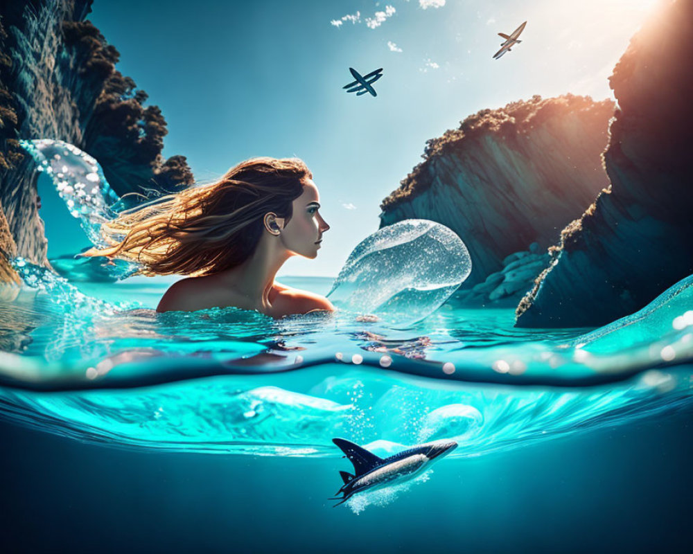 Woman swimming in clear blue waters near cliffs with airplanes flying overhead and a fish below waterline.