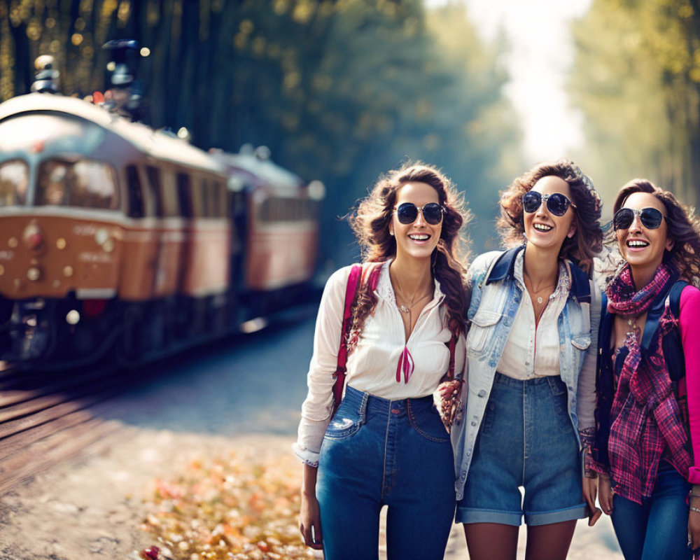 Three young women walking near train track in sunlit forest