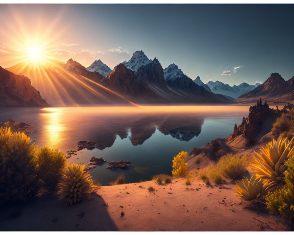 Tranquil lake sunset with mountain reflections and golden plants