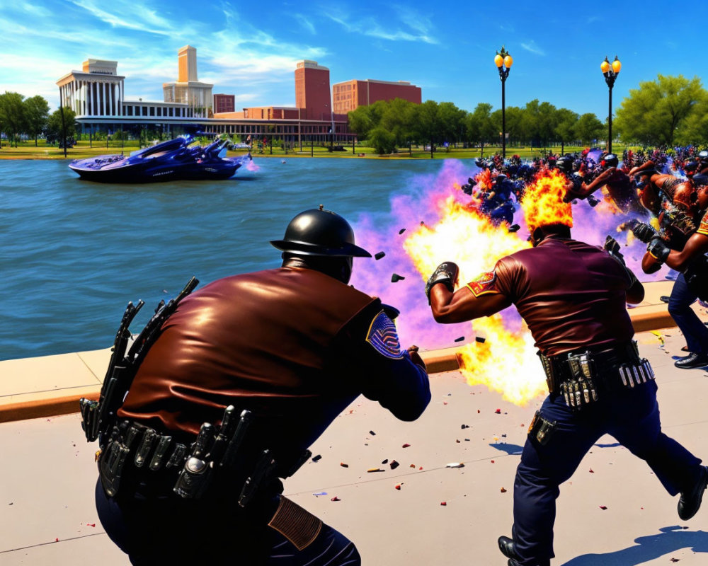 Police officers in flame-effect uniforms by water with jet ski and buildings.