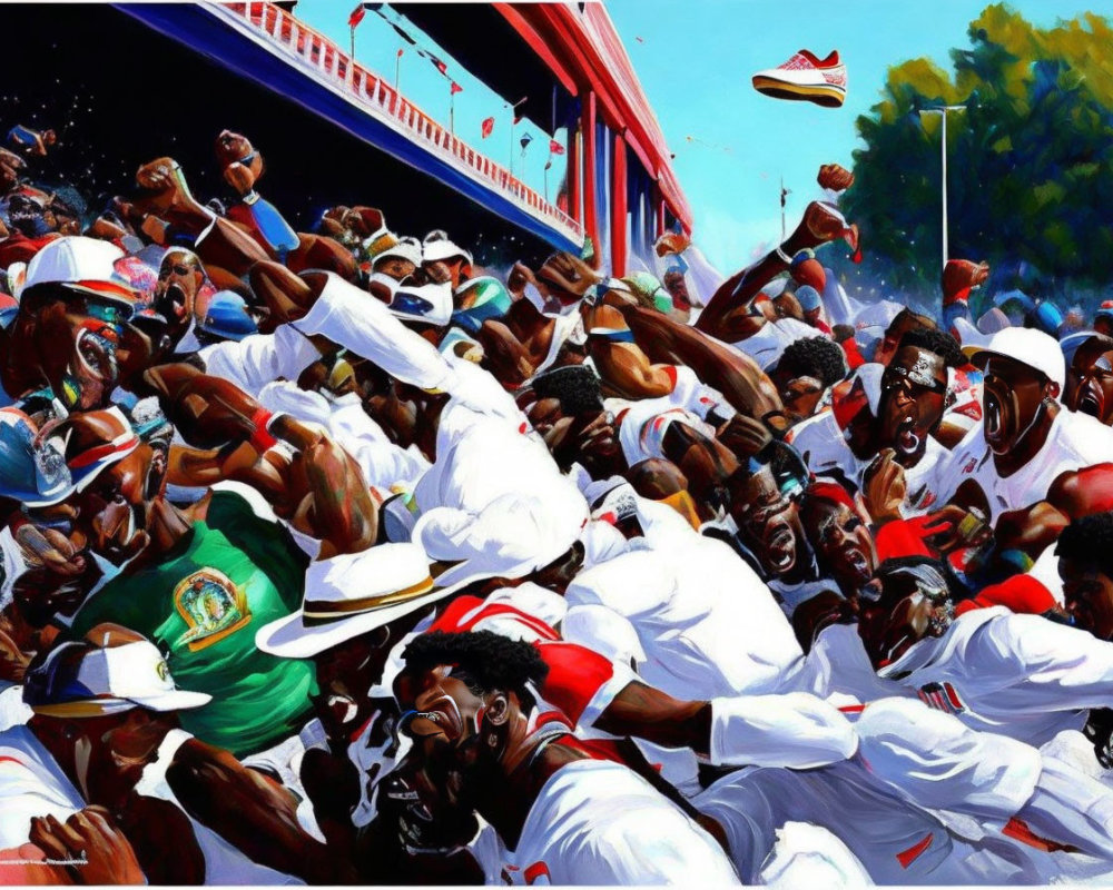 Colorful Painting: Enthusiastic Crowd Reaching for Floating Sneakers