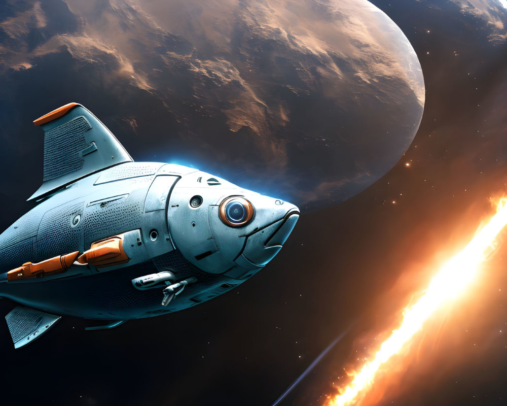 Fish-shaped spaceship orbits planet with fiery comet in space
