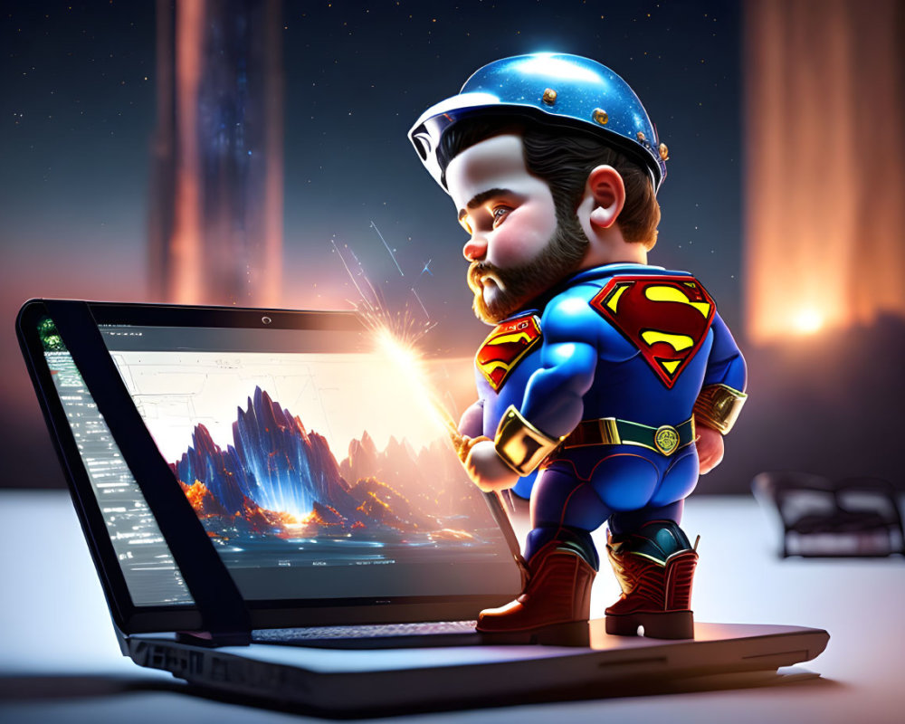 Chubby Superman character in 3D next to laptop under galaxy